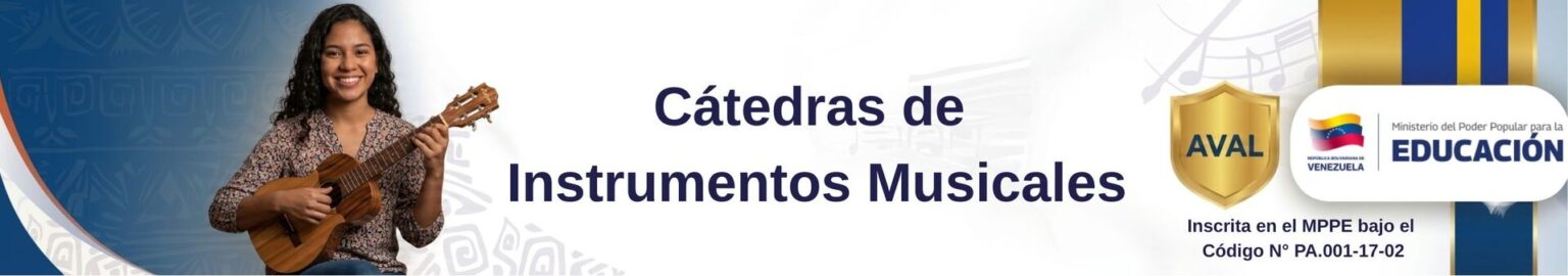 Joven sonriente tocando un cuatro venezolano en la banner de Cátedras de Instrumentos Musicales de la Escuela de Música Otilca con aval del MPPE (Código N° PA.001-17-02).